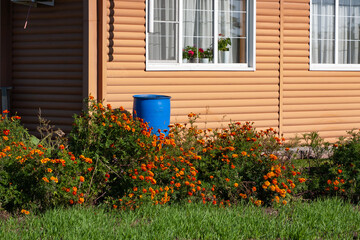 Fototapeta na wymiar Village house made of orange wood and bricks