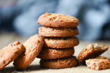 Cookies on wooden and dark background, delicious sweet dessert cookie food snack, cookies chocolate