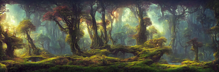 beautiful forest with giant trees, fantasy landscape background banner