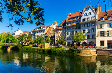 Summer view of the streets and canals of the city of Strasbourg, located on the eastern side of...