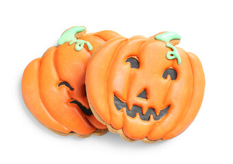 Halloween pumpkin cookies on white background