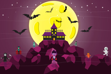 Halloween celebration with full moon, darkness, castle and bats