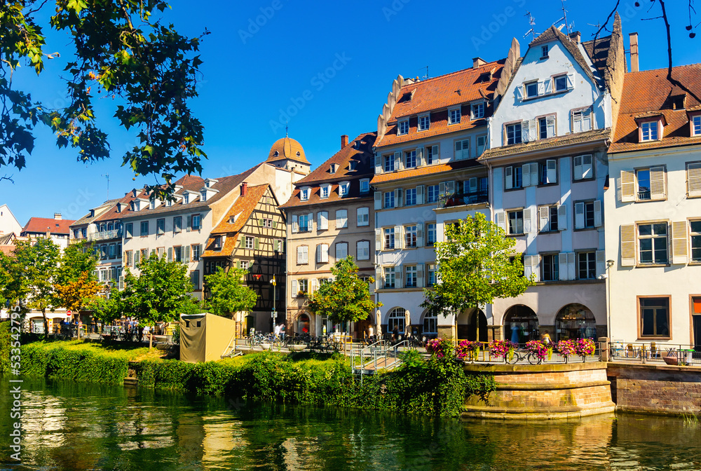 Wall mural traditional fachwerk houses on canals district of strasbourg town in eastern france