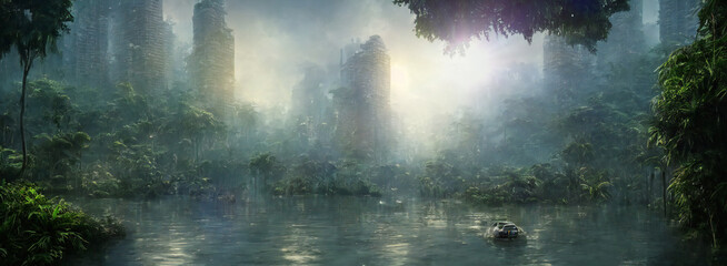 overgrown post-apocalyptic city, flooded landscape, background banner
