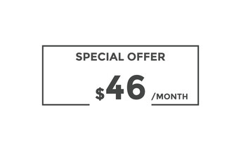 $46 USD Dollar Month sale promotion Banner. Special offer, 46 dollar month price tag, shop now button. Business or shopping promotion marketing concept

