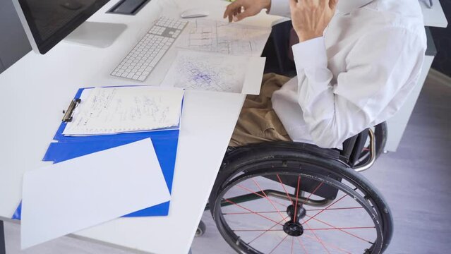 Man sitting in wheelchair, wheelchair man in corporate office.
Hiring people with disabilities, working with a team at the company, and having a disabled person as part of the team.
