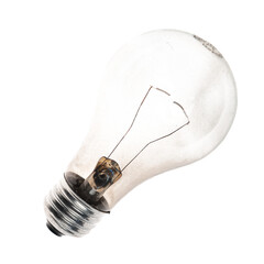 Isolated clear incandescent light bulb with a broken tungsten filament