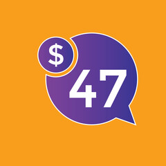 47 dollar price tag. 47$ dollar USD price symbol. price 47 Dollar sale banner in USD. Business or shopping promotion marketing concept
