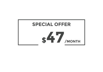 $47 USD Dollar Month sale promotion Banner. Special offer, 47 dollar month price tag, shop now button. Business or shopping promotion marketing concept
