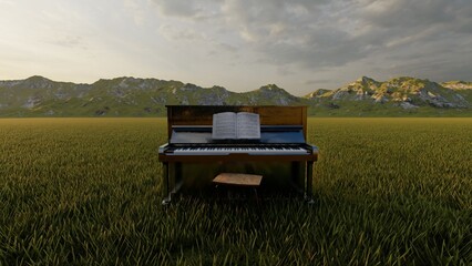 piano with mountain background 3d render