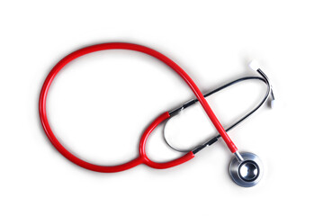 Red beautiful therapist's stethoscope on a white background