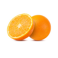 Fresh orange cut into 2 halves on a white background