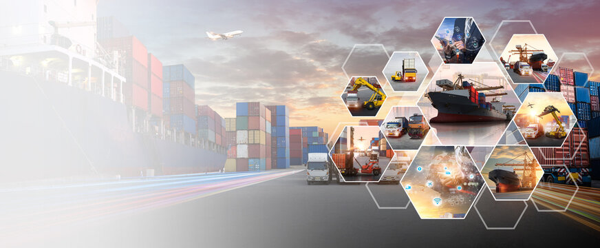 Global business of Container Cargo freight train for Business logistics concept, Transportation and logistic network distribution on background