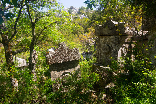Ruins rock tombs at unique Southwest necropolis Termessos ancient city, Antalya in Turkey mountains