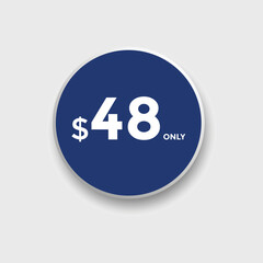 48 dollar price tag. Price $48 USD dollar only Sticker sale promotion Design. shop now button for Business or shopping promotion
