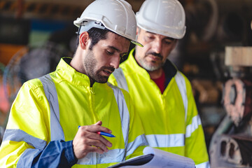professional technician engineer with safety helmet hard hat working in industrial manufacturing...
