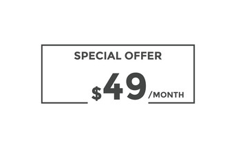 $49 USD Dollar Month sale promotion Banner. Special offer, 49 dollar month price tag, shop now button. Business or shopping promotion marketing concept
