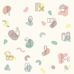 pattern on the theme hair, beauty, hairstyle, brush, comb, foam, hair dryer and more. simple color icons on beige background. pattern with hair and beauty icon on white background.