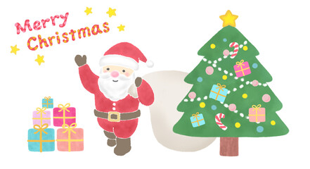 Naklejka premium プレゼントを運ぶサンタクロースとクリスマスツリー