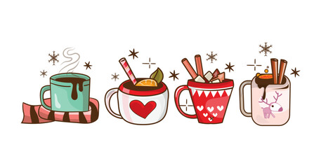 Christmas hot beverages of coffee, chocolate, and eggnog drinks in mugs and cups.