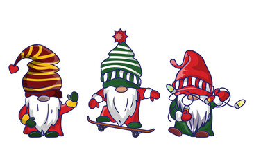 Bundle Of Merry Christmas Cute Gnomes Santa Claus Costume Cartoon Illustration Banner Design. 