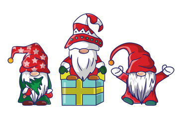 Bundle Of Merry Christmas Cute Gnomes Santa Claus Costume Cartoon Illustration Banner Design. 