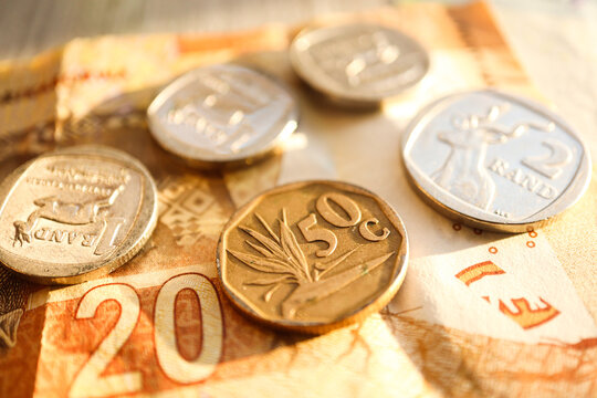 South African currency. Bank notes and coins. Concept of economy, business and finance