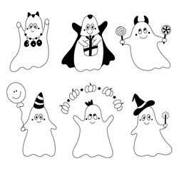 Vector set of kind cute doodle ghosts. Collection of cartoon childish halloween design elements.Outline.Isolated on white background.