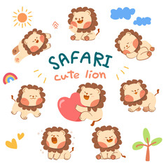 Funny doodle safari animals. set of Cute lion with simple vector illustration. Clipart vector design. Cartoon suitable for, print, sublimation, shirt, postcard, printable, stationery ,kids product.