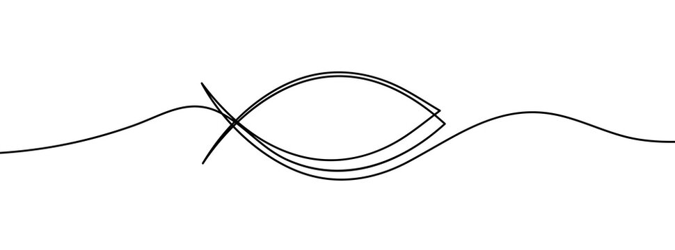 Christian fish symbol. Jesus fish icon religious sign. God Christ logo illustration. One continuous line drawing.