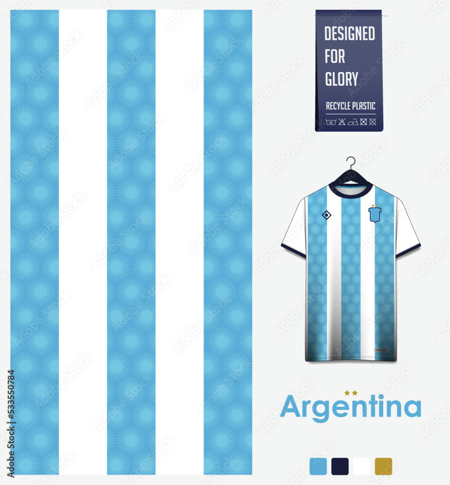 Wall mural Soccer jersey pattern design. Argentina flag pattern on blue background for soccer kit, football kit, sports uniform. T shirt mockup template. Fabric pattern. Abstract background.