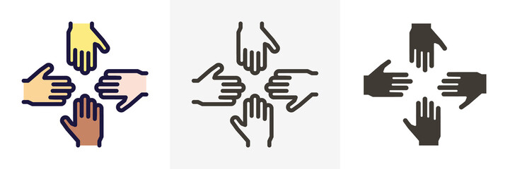 Vector thin line icons with 4 hands. Concept design for teamwork, success, charity, business, volunteers, performance group, equality and other concepts