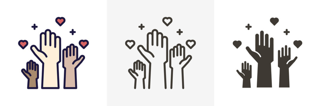 Volunteers and charity work. Raised helping hands. Vector thin line icon illustrations with a crowd of people ready and available to help and contribute. Positive foundation, business, service.
