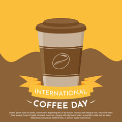 Flat style coffee paper cup with ribbon good for logo, icon, banner, template. International coffee day on 1st October. Vector illustration