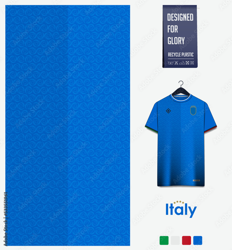 Wall mural Soccer jersey pattern design. Italy flag pattern on blue background for soccer kit, football kit, sports uniform. T shirt mockup template. Fabric pattern. Abstract background. 