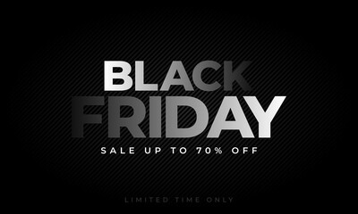 Black Friday sale banner with white to dark grey gradient color typography on black stripe texture background, vector illustration template.