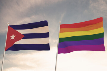 Beautiful flag of LGBT pride waving with the strong wind and CUBA  3D RENDER, 3D RENDERING LGBTQ, gay pride, LGBTQ+ gender. .