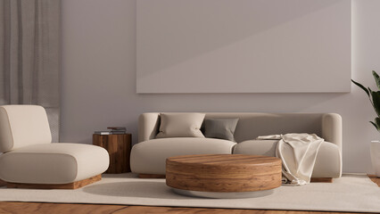 Fototapeta na wymiar Cozy minimal nordic home or apartment living room interior with comfortable sofa, wood coffee table