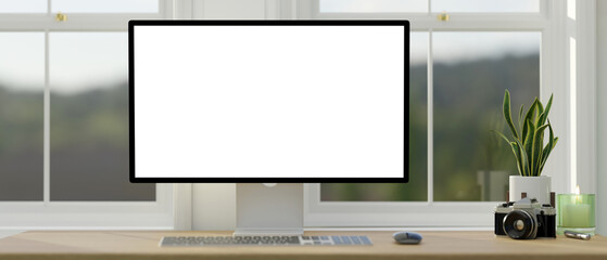 Home or office working space against the window with white pc desktop computer mockup