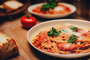 Delicious plate of spaghetti marinara. Computer-generated 3D image made to look like photography