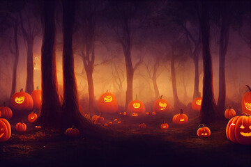 Naklejka premium halloween background with pumpkins, Halloween scary night background image with spooky castle and pumpkins. Halloween celebration, Halloween party poster.