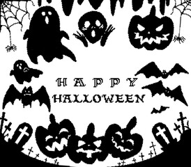 happy HALLOWEEN シルエットセット　ドット絵風　文字入り