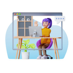 young woman communicates via video call , 3d character illustration