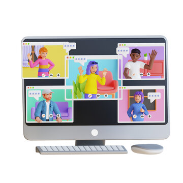 Group of friends having a video call, 3d character illustration