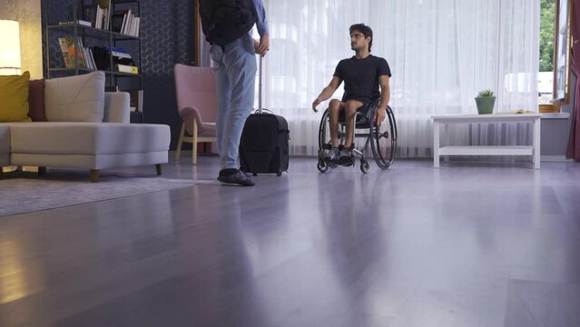 Abandoned disabled man.
Teenager sitting in a wheelchair is abandoned at home and gets upset.
