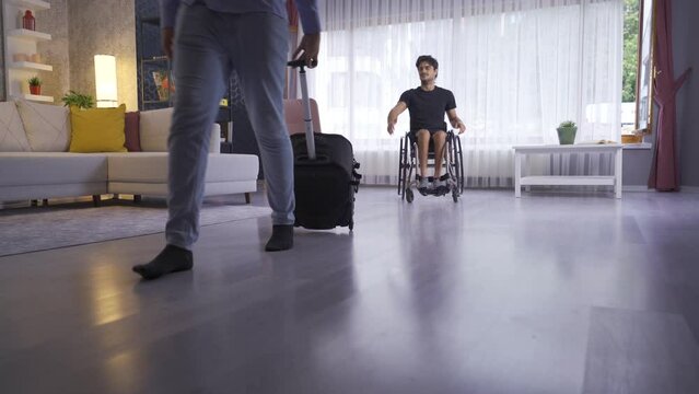 Disabled youth is left alone.
Teenager sitting in a wheelchair is abandoned at home and gets upset.
