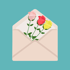 Roses in envelope on green background for web