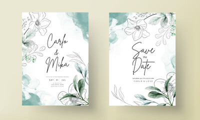 Fototapeta na wymiar elegant minimal flower with watercolor wedding card template