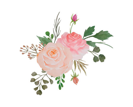 Watercolor Flowers Arrangement, Illustration of Floral Bouquet with Roses and Green Leaves