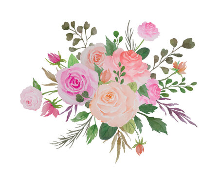 Watercolor Flowers Bouquet, Illustration of Ffloral Arrangement with Roses and Green Leaves